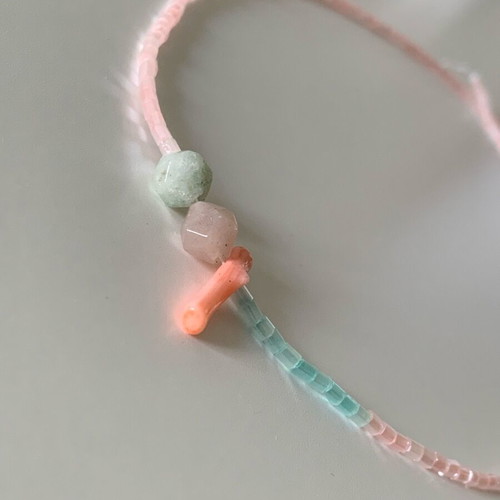 Handmade necklace with amazonite, coral, glass beads and stainless steel closure new, pink and turquoise