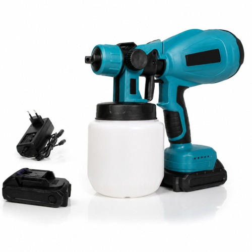 Cordless paint gun 21V with 2 lithium batteries, 200W motor, 800ml tank