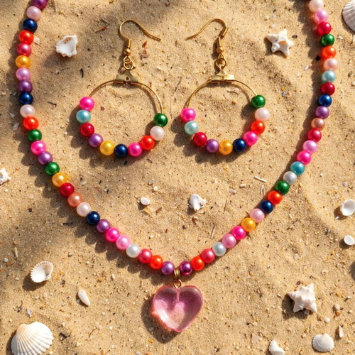 Handmade colorful beaded summer necklace and earrings set