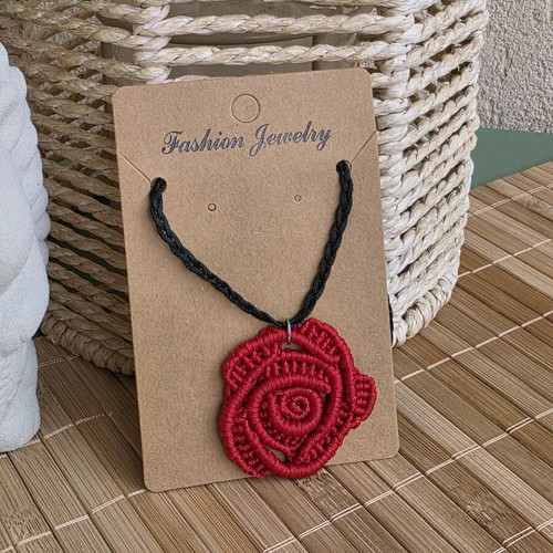 Macrame necklace handmade with red rose and adjustable black cord