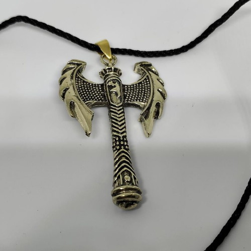 Pendant Double Axe like new, gold-colored steel with black cord