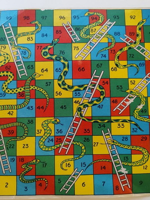 Cardboard board game Snakes and Ladders used, vintage