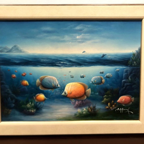 Canvas painting "Βυθος με τροπικα ψαρια" like new with wooden frame 83x108 cm