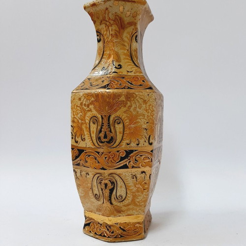 Chinese vintage revival vase used, hexagonal shape, gold ornaments, 26 cm