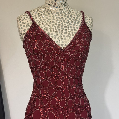 Vintage Charly Silk Beaded Midi Dress Burgundy sequined, like new, size S