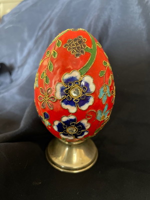 Cloisonné egg used, red with enamel and silver