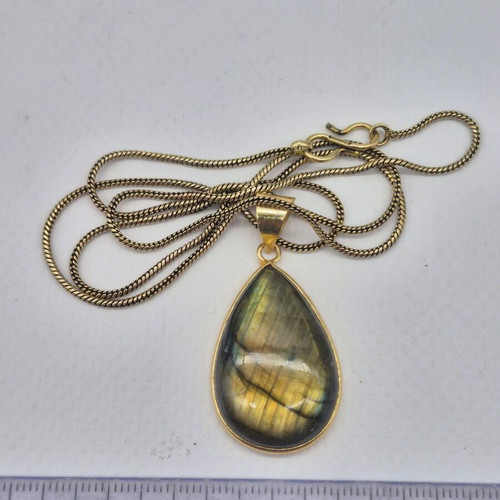 Labradorite Cabochon Brass Necklace Tear Shaped New