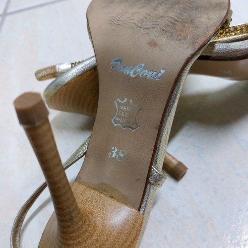 PanConi vintage gold leather sandals used, size 38, 10 cm heel
