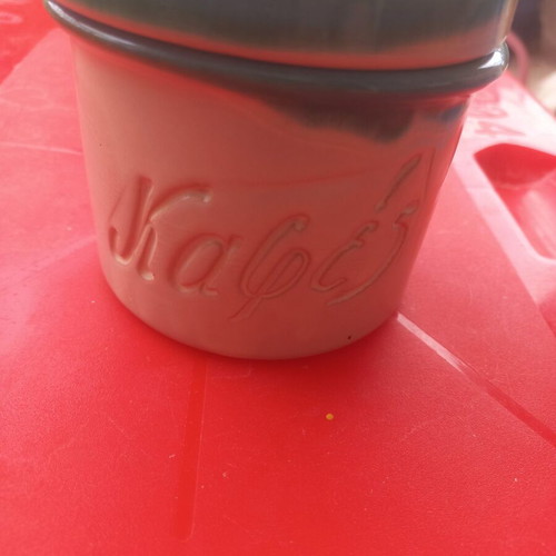 Souvenir coffee jar Agios Efstratios like new, ceramic
