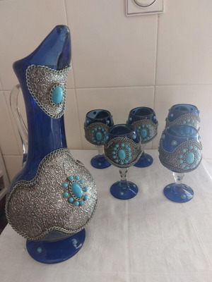 Indian glass jug set with 6 glasses decorated with alpaca and turquoise stones