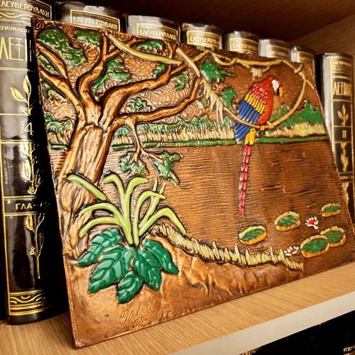 Handmade chalcography 1987 with parrot and exotic landscape like new