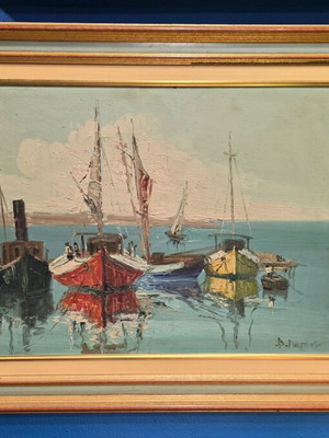 Byron Magkos oil painting on wood “Boats in the Harbor” like new