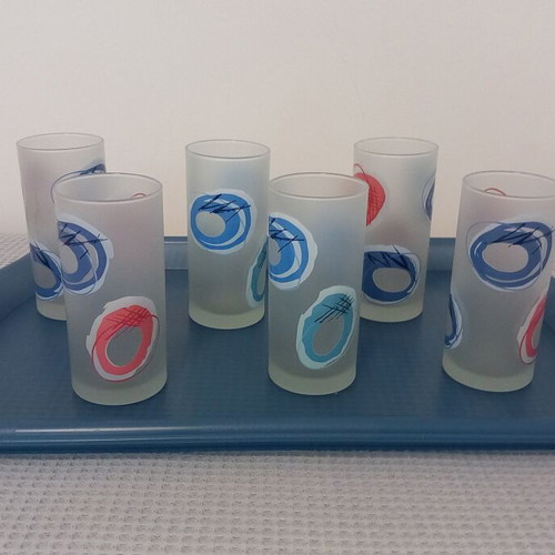 Set of 6 new glasses with frosted glass and blue/pink designs