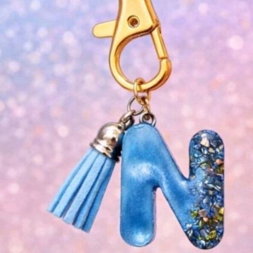Handmade keychain with letter N, resin with shiny stones