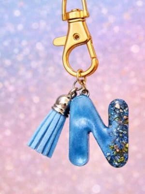 Handmade keychain with letter N, resin with shiny stones