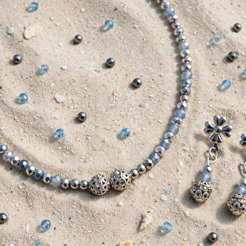 Handmade crystal beaded elegant jewelry set, new, gray and silver