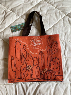 Amigos do Bem shoulder tote bag with cactus design, new, brown and orange