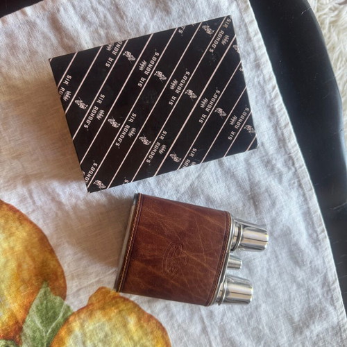 Italian leather flask with two metal cups travel bar set vintage
