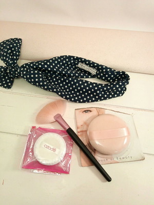 Makeup pads set, blush fan brush and blue polka dot hairband