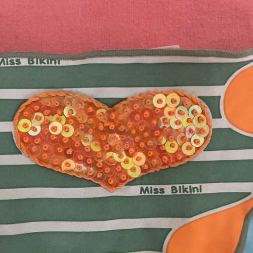 Miss Bikini bikini bottom used, vintage striped with orange hearts and sequins
