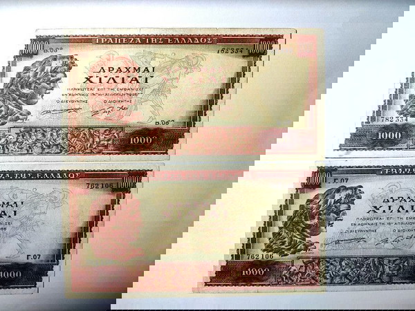 1.000 Δραχμές 1956 Ποικιλία 2 τεμάχια Β Γ' Έκδοση υδατόσημο Αφροδίτη της   Κνίδου
