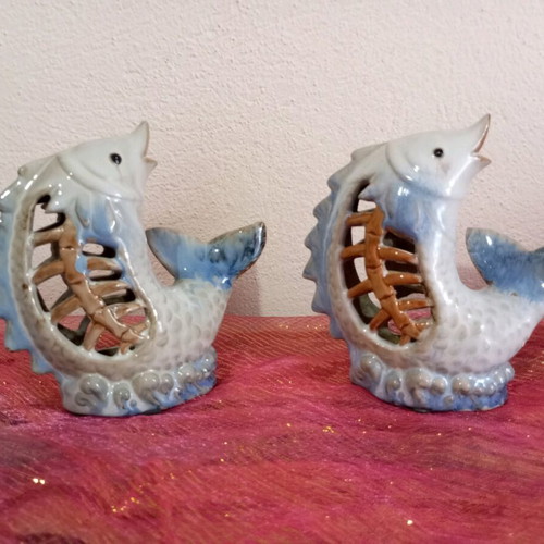 Set of 2 ceramic fish tealight holders new