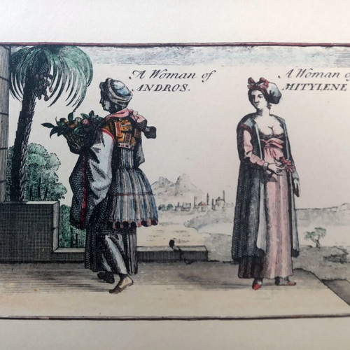Two collectible hand-colored engravings with traditional costumes like new