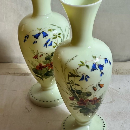 Pair of opaline vases used with uranium and embossed painting 19th century