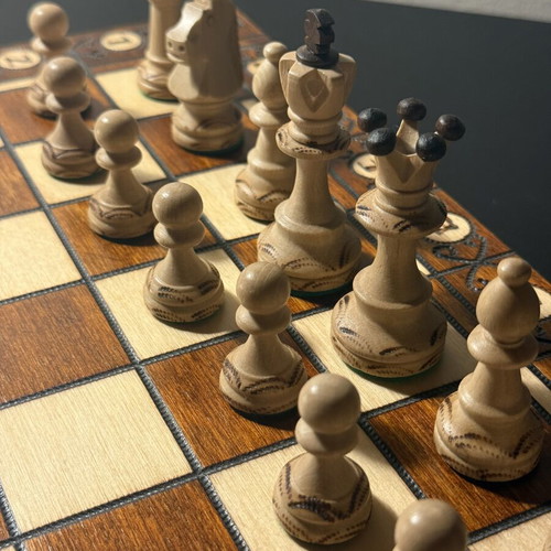 Handmade wooden chess set like new with folding board
