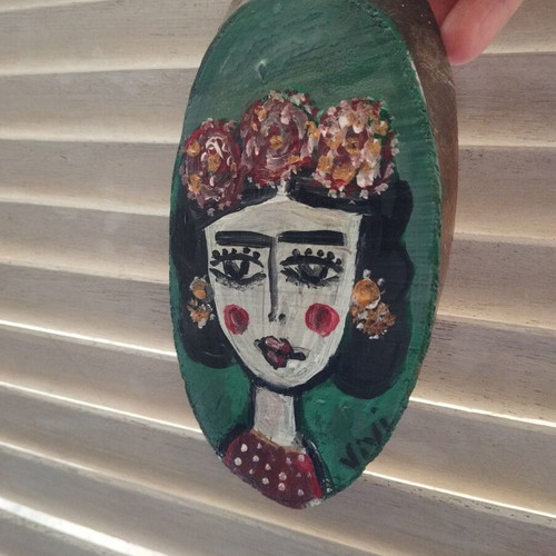 Wood painting of Frida face, hanging decoration