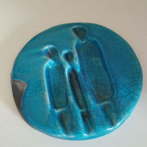 Ashtray with Family Design Raku Technique 19cm New