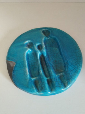 Ashtray with Family Design Raku Technique 19cm New