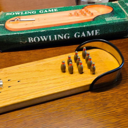 Vintage wooden bowling tabletop game used, 1980s era