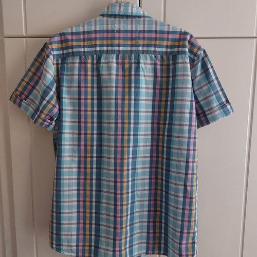 Men's checked shirt with short sleeves used, size Large, turquoise and pink