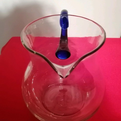 Vintage crystal pitcher with handmade cobalt blue handle, like new