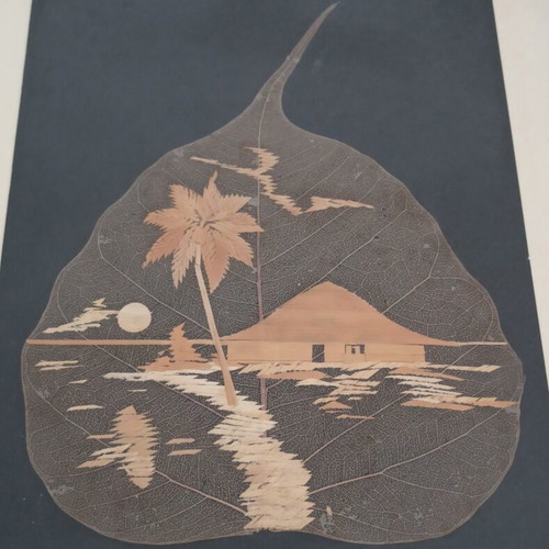 Handmade paintings on dried Peepal leaves set of 4, used