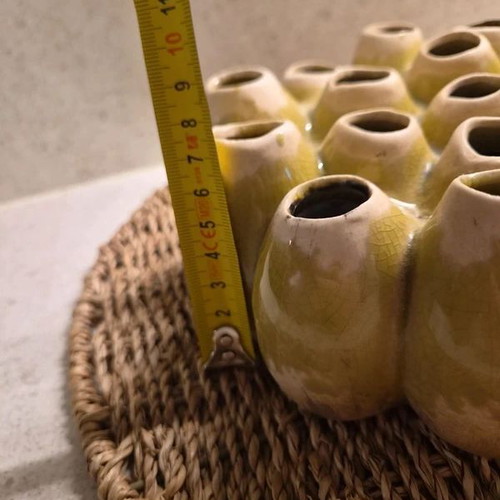 Ceramic flower holder with 18 openings, yellow-green