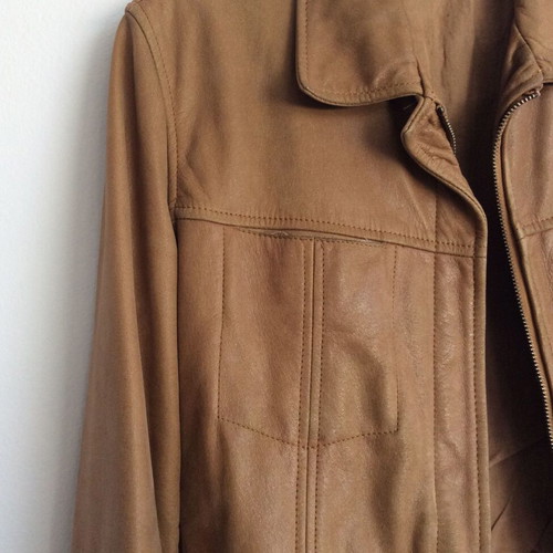 Women's Camel Leather Jacket Cropped used, size S/M, beige