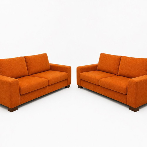 Sofa set orange color with dark brown wooden legs like new