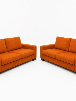 Sofa set orange color with dark brown wooden legs like new