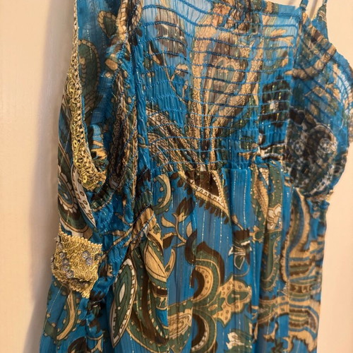 Celia Kritharioti 5226 vintage mini dress blue gold shiny, like new
