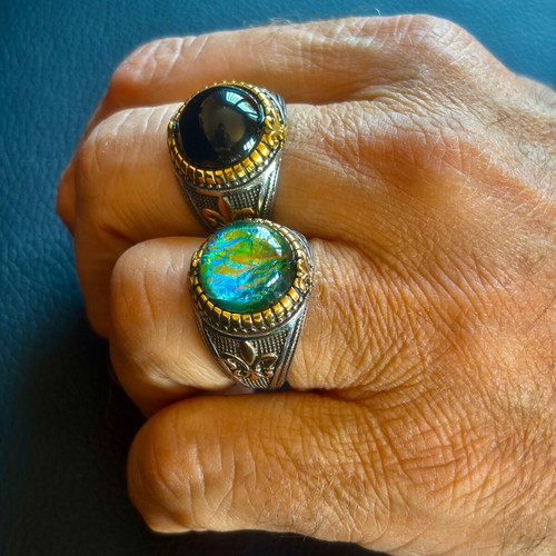 Chameleon Stone Gothic Ring new, stainless steel, green and gold