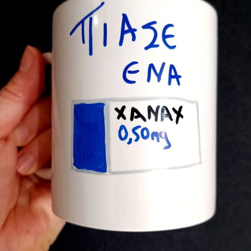 Mug "Piase ena xanax" new, white ceramic with message