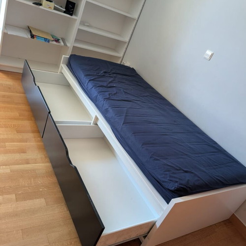 Bed frame with 2 storage boxes, like new