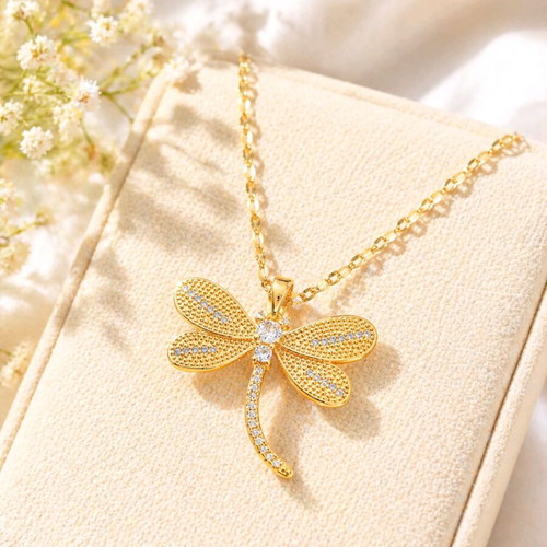 Women's dragonfly necklace gold with zircon new