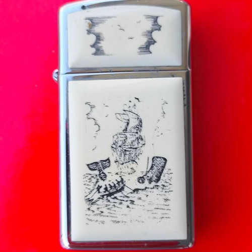 Zippo Slim Scrimshaw Ship & Whale Silver Original USA lighter used
