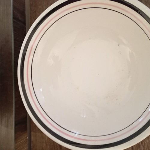 Ceramic vintage bowl used, white with black and pink decorative lines