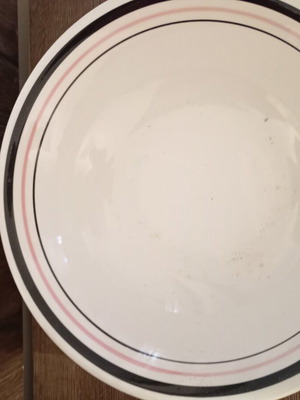 Ceramic vintage bowl used, white with black and pink decorative lines