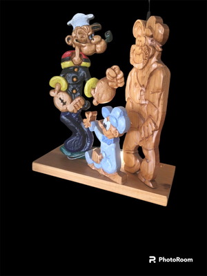 Επιτραπέζιο χειροποίητο φωτιστικό ξυλόγλυπτο καινούργιο Popeye-Bluto-Swee’pea