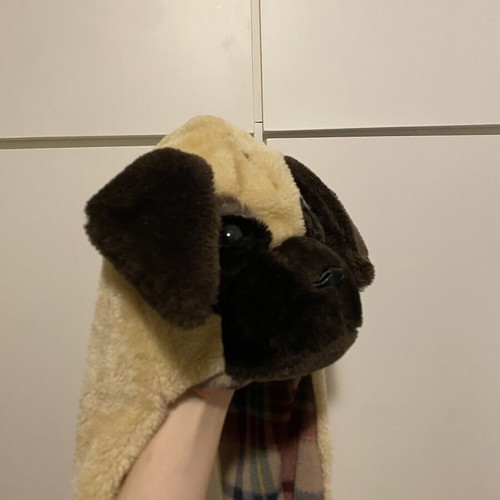 Claire’s Kids plush pug beanie with hooded scarf and hand warmer